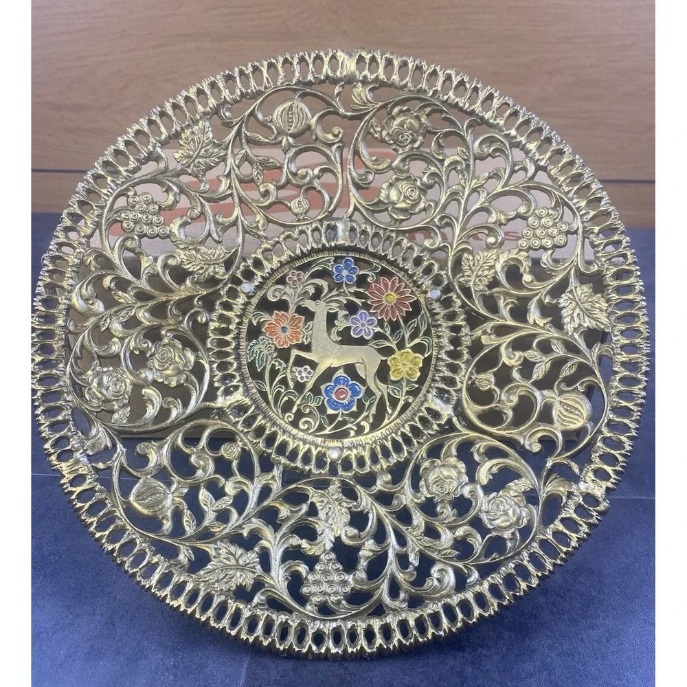 Tamar Brass Hand Painting Enamel 3 Footed Fruit Bowl Made in Israel